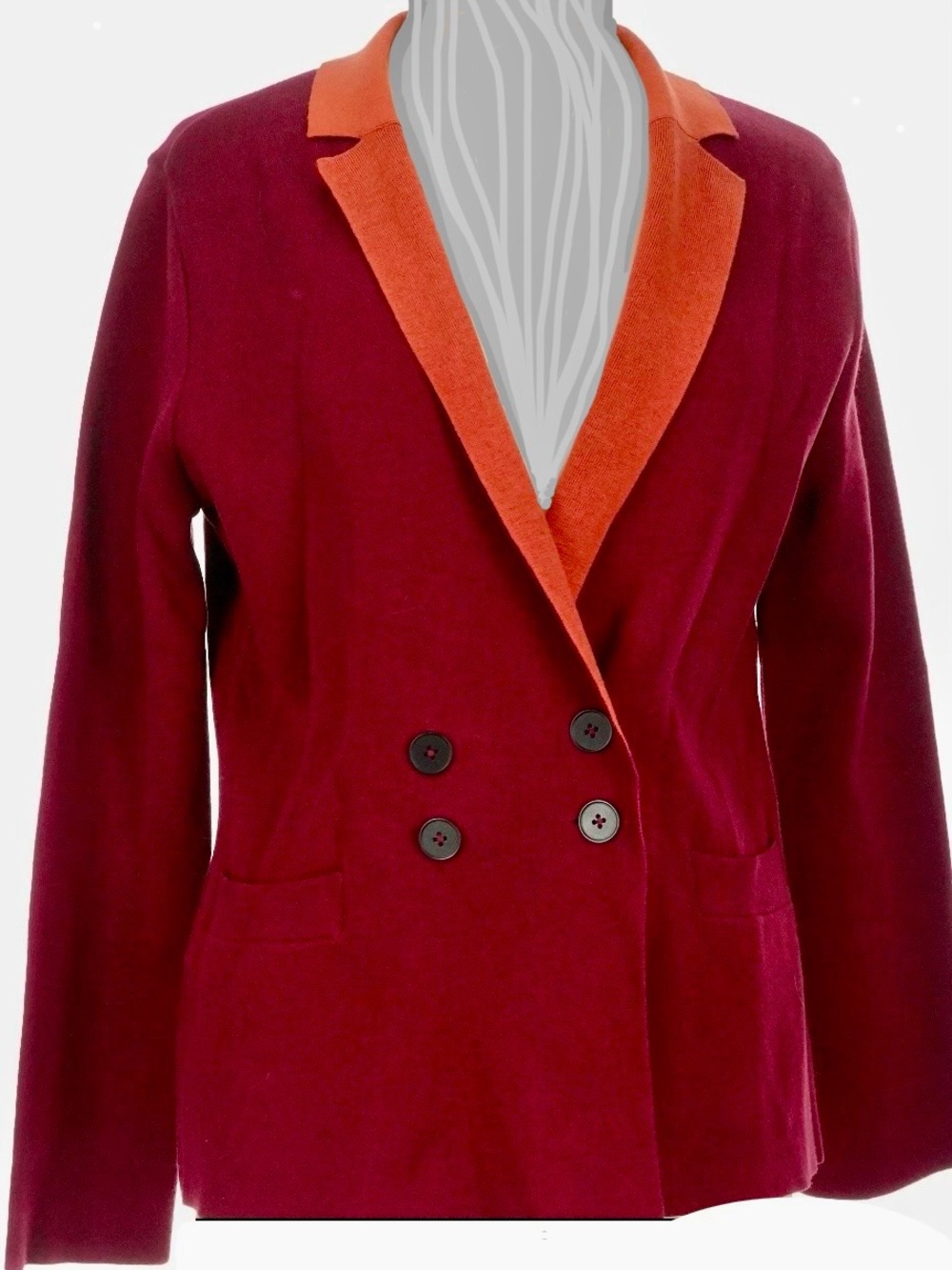 NIC+ZOE Double-Breasted Burgundy Cardigan Sweater Blazer with Orange Trim in EUC